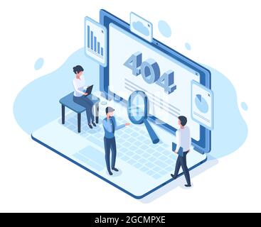 Isometrischer Fehler verloren 404-seitiges Netzwerk Benutzer Menschen Konzept. Verloren gegangene Website-Seite des Netzwerks, Fehler nicht verfügbar Vektordarstellung der Webseite. Nicht gefunden 404 Stock Vektor