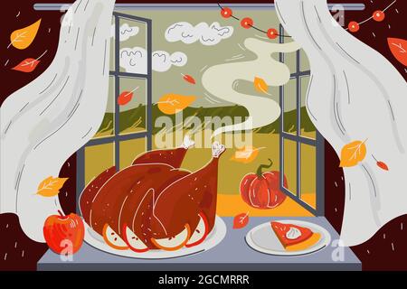 Grußkarte „Happy Thanksgiving Day“. Das Aroma von köstlichem gebratenem truthahn und gebackenem Kürbiskuchen weht aus dem offenen Fenster. Plakat zur traditionellen Herbstfeier. Vektorgrafik handgezeichnete Illustration Stock Vektor