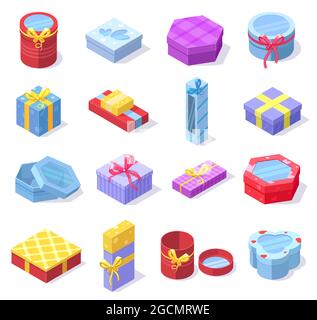 Isometrische Party Feier Geschenk 3d Karton-Boxen. Urlaub Geschenk-Boxen mit Schleifen und Bändern isoliert Vektor Illustration Set. Festliches, farbenfrohes Geschenk Stock Vektor