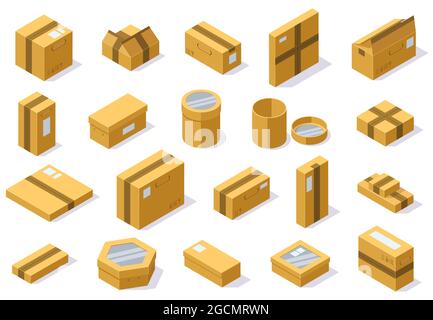 Versandkartons aus isometrischem Karton. Postzustellung Paket, 3d-Kartons Vektor Illustration Set. Geschlossene und offene Kartons aus Karton Stock Vektor