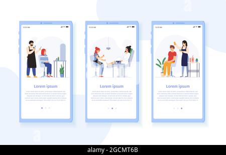Friseur Barber Vektor mobile App-Set. Schönheitssalon für Männer und Frauen, die eine Behandlung anbieten. Modestudio Stock Vektor