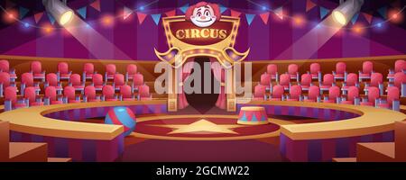 Cartoon-Zirkusarena. Runde Bühne unter Festzelt-Kuppel mit Sitzen, Fahnen und Suchscheinwerfern für Unterhaltungsveranstaltungen oder Karnevalsshow. Leere Innenausstattung oder Karnevalsring des cirque Zeltes mit Szene Stock Vektor