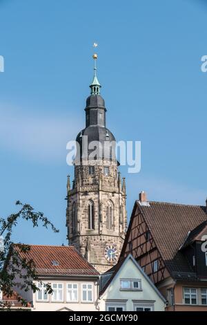 Coburg, Deutschland, 19. Juli 2021: Glockenturm der Kirche St. Maurice Stockfoto