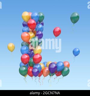 Buchstabe L von Ballons am Himmel. Textbrief für Feiertag, Geburtstag, Feier. 3d-Illustration Stockfoto