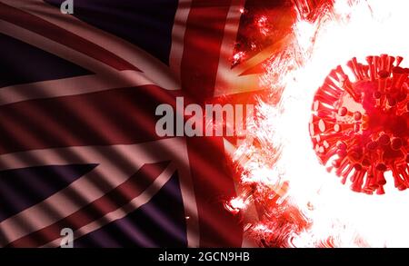 Computergrafik Illustration der Nationalflagge des Vereinigten Königreichs oder englands, die von einer aggressiven Coronavirus-Zelle bedroht ist, die leuchtet und brennt Stockfoto