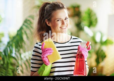 Porträt einer lächelnden jungen Frau in gestreiftem Hemd mit Reinigungsmitteln, die an sonnigen Tagen im modernen Haus zu Hause arbeiten. Stockfoto