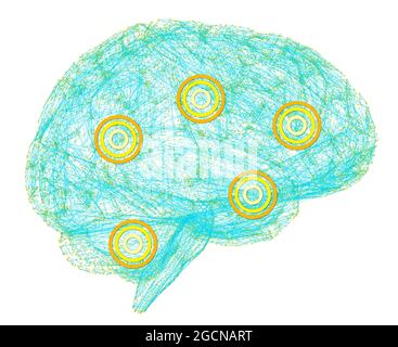 Wie das Gehirn funktioniert. Synapsen und Neuronen. Verbindungen. Kümmern Sie sich um Ihr Gehirn, Anregungen und Ideen. Degenerative Erkrankungen, Parkinson und Alzheimer Stockfoto