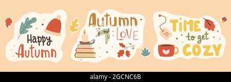 Handgeschriebener Sticker-Pack mit Schriftzug für Herbst. Herbstphrasen mit niedlichen und gemütlichen Designelementen im dekorativen Bundle. Vektorgrafik Stock Vektor