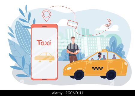 Wohnung Cartoon Mann Charakter bestellen Taxi mit mobilen App, Vektor-Illustration Konzept Stock Vektor