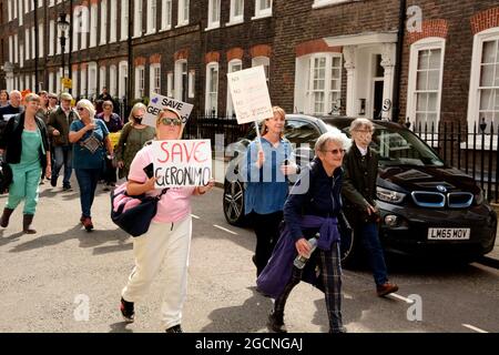 Die Demonstranten trafen sich bei der DEFRA und marschierten dann zur Downing Street, um gegen das Todesurteil gegen Geronimo, den Alpaka, zu protestieren. Stockfoto