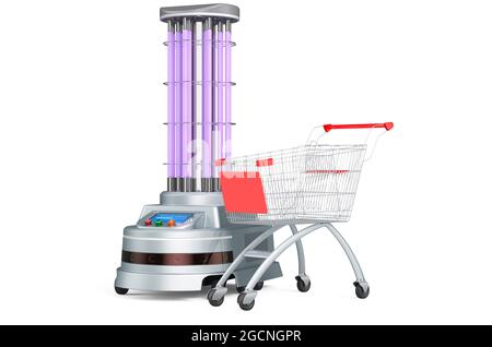 Warenkorb mit UV-Desinfektionsroboter, 3D-Rendering isoliert auf weißem Hintergrund Stockfoto