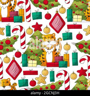 Nahtloses Vektor-Muster für das Jahr des Tigers 2022. Muster im Handzeichnen-Stil. Tiger, Weihnachtsbaum, Geschenke, Zuckerrohr. Kann für Stoff, Packung verwendet werden Stock Vektor