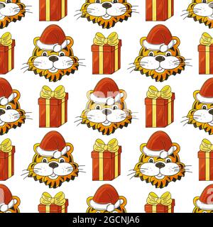 Nahtloses Vektor-Muster mit Tigerköpfen in Silvester-Hüten, Geschenken. Muster im Handzeichnen-Stil. Jahr des Tigers 2022. Kann für Stoff, Packa verwendet werden Stock Vektor