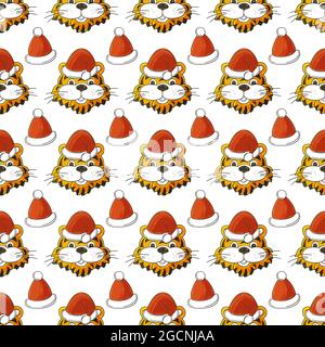 Nahtloses Vektor-Muster mit Tigerköpfen in Weihnachtsmützen. Muster im Handzeichnen-Stil. Neujahrsferien 2022. Jahr des Tigers. Kann für verwendet werden Stock Vektor
