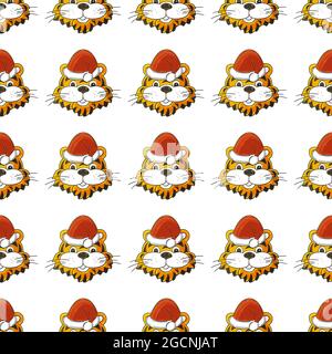 Nahtloses Vektor-Muster mit Tigerköpfen in Weihnachtsmützen. Muster im Handzeichnen-Stil. Neujahrsferien 2022. Jahr des Tigers. Kann für verwendet werden Stock Vektor
