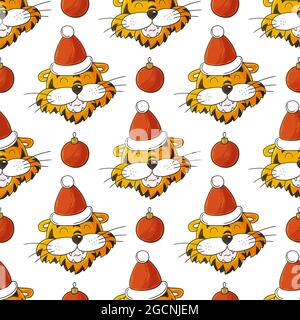 Nahtloses Vektor-Muster mit Tigerköpfen in Weihnachtsmützen. Muster im Handzeichnen-Stil. Neujahrsferien 2022. Jahr des Tigers Stock Vektor