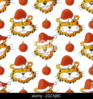 Nahtloses Vektor-Muster mit Tigerköpfen in Weihnachtsmützen. Muster im Handzeichnen-Stil. Neujahrsferien 2022. Jahr des Tigers. Kann für verwendet werden Stock Vektor
