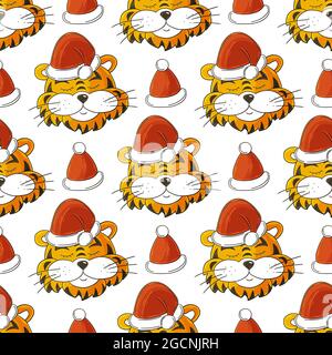 Nahtloses Vektor-Muster mit Tigerköpfen in Weihnachtsmützen. Muster im Handzeichnen-Stil. Neujahrsferien 2022. Jahr des Tigers. Kann für verwendet werden Stock Vektor