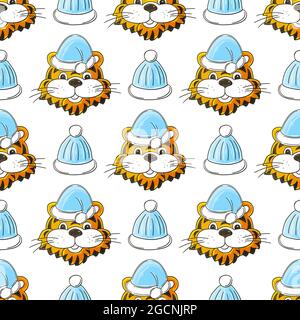 Nahtloses Vektor-Muster mit Tigerköpfen in Silvester-Hüten, Geschenken. Muster im Handzeichnen-Stil. Jahr des Tigers 2022. Kann für Stoff, Packa verwendet werden Stock Vektor