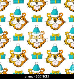 Nahtloses Vektor-Muster mit Tigerköpfen in Silvester-Hüten, Geschenken. Muster im Handzeichnen-Stil. Jahr des Tigers 2022. Kann für Stoff, Packa verwendet werden Stock Vektor