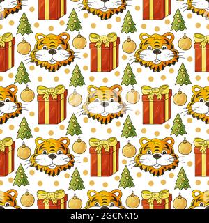 Nahtloses Vektor-Muster mit Tigerköpfen, Weihnachtsbäumen, Geschenken. Muster im Handzeichnen-Stil. Jahr des Tigers 2022. Kann für Stoff, Packagi verwendet werden Stock Vektor