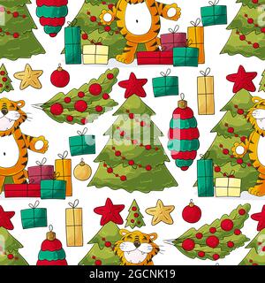 Nahtloses Vektor-Muster für das Jahr des Tigers 2022. Muster im Handzeichnen-Stil. Tiger, Weihnachtsbaum, Geschenke Stock Vektor