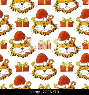 Nahtloses Vektor-Muster mit Tigerköpfen in Silvester-Hüten, Geschenken. Muster im Handzeichnen-Stil. Jahr des Tigers 2022. Kann für Stoff, Packa verwendet werden Stock Vektor