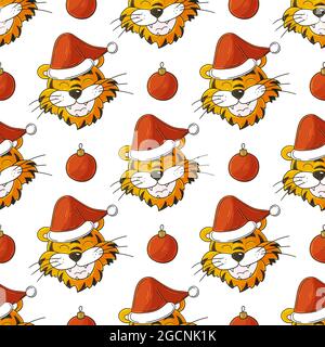 Nahtloses Vektor-Muster mit Tigerköpfen in Weihnachtsmützen. Muster im Handzeichnen-Stil. Neujahrsferien 2022. Jahr des Tigers. Kann für verwendet werden Stock Vektor