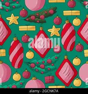 Muster im Handzeichnen-Stil. Nahtlose Vektor-Muster mit Sternen, Weihnachtsbaum Dekorationen. Neujahr. Kann für Stoff verwendet werden Stock Vektor