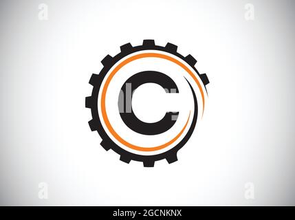 Anfängliches C-Monogramm-Alphabet in einer Zahnradspirale. Logo des Zahnradtechnikers. Logo für Automobil-, Mechanik-, Technologie-, Setting-, Reparaturgeschäft Stock Vektor