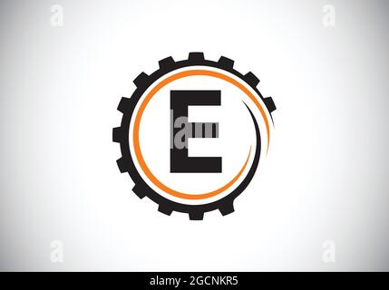 Anfängliches E-Monogramm-Alphabet in einer Zahnradspirale. Logo des Zahnradtechnikers. Logo für Automobil-, Mechanik-, Technologie-, Setting-, Reparaturgeschäft Stock Vektor
