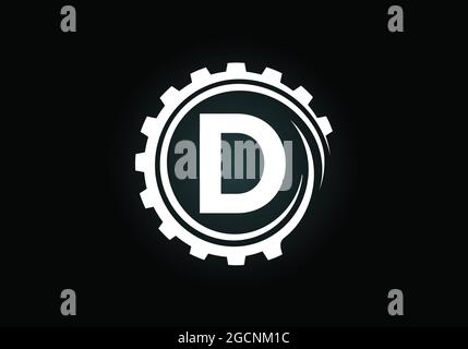 Anfängliches D-Monogramm-Alphabet in einer Zahnradspirale. Logo des Zahnradtechnikers. Logo für Automobil-, Mechanik-, Technologie-, Setting-, Reparaturgeschäft Stock Vektor