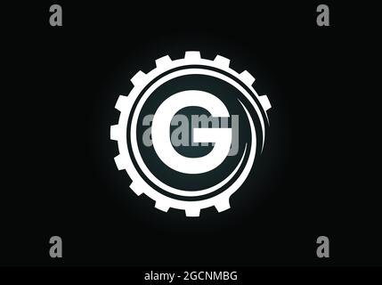Anfängliches G-Monogramm-Alphabet in einer Zahnradspirale. Logo des Zahnradtechnikers. Logo für Automobil-, Mechanik-, Technologie-, Setting-, Reparaturgeschäft Stock Vektor