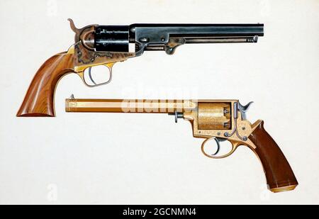 AJAXNETPHOTO. 70ER JAHRE. LONDON, ENGLAND. - COLT REVOLVER - OBEN, STANDARDAUSGABE WALKER KALIBER .45 1847 COLT REVOLVER UND UNTEN, VERGOLDET GRAVIERT COLT SINGLE ACTION ARMY REVOLVER DATUM UNBEKANNT. DIGITALE BILDKOPIE DER ORIGINAL HANDBEMALTEN ILLUSTRATION © RICHARD C.L. EASTLAND. REF:D73009 414 Stockfoto