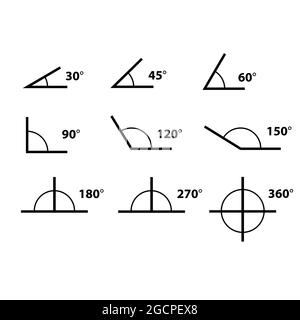 Winkelsymbole auf weißem Hintergrund eingestellt. 30, 45, 60, 90, 120, Symbolsatz für 150, 180, 270 und 360 Grad. Geometrisches Symbol. Winkelzeichen gesetzt. Flacher Stil. Stockfoto