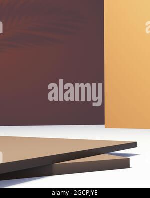 Minimalistisches geometrisches Hintergrunddesign. Vorlage für Produktvorführung und Branding. Schatten eines Palmenblattes an der Wand. Stockfoto