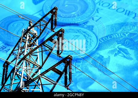 Eine Stromleitung und Geld polnisch zloty PLN Stockfoto