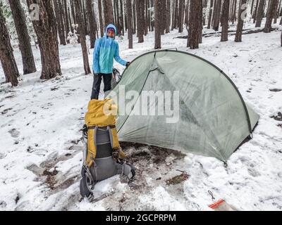 Camping im Schnee auf dem Mogollon Rim, Mormon Lake, Arizona, USA Stockfoto