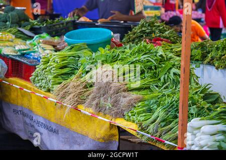 Gemüse auf einer Theke eines Gemüsestandals auf dem Frischmarkt. Kangkung oder Wasserspinat auf der Theke eines Veggie-Verkäufers in Kuala Lumpur, Malaysi Stockfoto