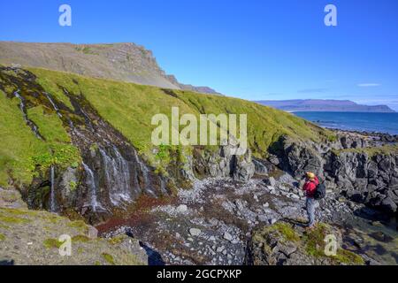 Fotograf an der Bucht mit breitem Wasserfall, Rauoasandur, Patreksfjoerour, Vestfiroir, Island Stockfoto