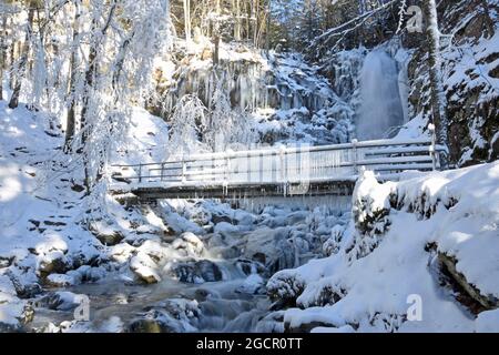 Brücke mit Eiszapfen und eisigen Wasserfall, Winterlandschaft, Todtnau Wasserfall, Feldberg, Schwarzwald, Baden-württemberg, Deutschland Stockfoto