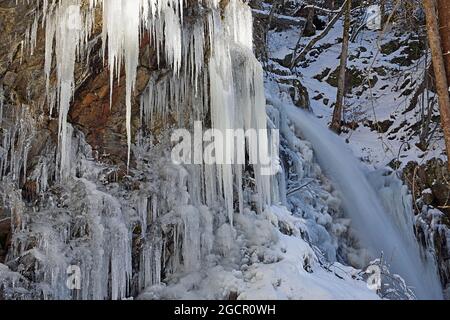 Eiszapfen und eisiger Wasserfall, Winterlandschaft, Todtnau Wasserfall, Feldberg, Schwarzwald, Baden-Württemberg, Deutschland Stockfoto