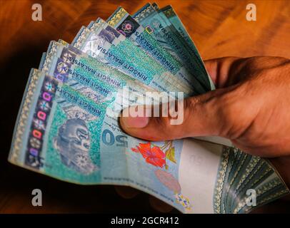 Eine Sammlung von fünfzig malaysischen Ringgit-Banknoten in einer männlichen Hand. Man Hand zeigen Malaysia Ringgit Banknoten. Jungen Hände halten Geld von Malaysia. Asien Stockfoto