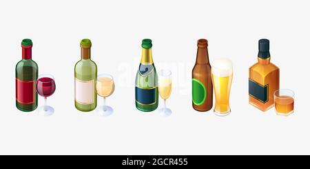 Set Flaschen und Gläser, Rot- und Weißwein, Bier Stock Vektor