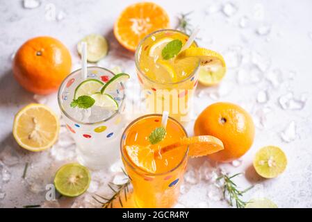 Exotische Sommergetränke erfrischende Auswahl an kalten Getränken Gläser frisches Obst auf Eis hausgemachter Cocktail-Tee mit Mojito Zitronenlime Orange Rosmarin und min Stockfoto