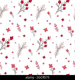 Nahtloses Muster mit kleinen rosa Blüten und Stielen mit Laub auf weißem Hintergrund. Natürliche Textur mit Sakura-Zweigen. Vektor-Tapete mit Blumenmuster. De Stock Vektor