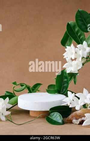 Kreative minimale Szene Natursteine, grüne Blätter und weiße Blumen. Zylinder Holz Podium auf beigem Hintergrund. Produktpräsentation, Mock-up, zeigen kosmetische Produkt, Podium, Bühne Sockel oder Plattform Stockfoto