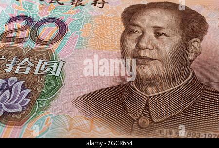 Makrofotografie von 20 Yuan der Volksrepublik china. Nahaufnahme von bis zu 20 Renminbi mit dem Porträt von Mao Zedong. Extrem mikroskopische Erfassung Stockfoto