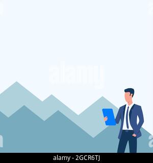 Mann In Uniform Zeichnung Eine Hand In Pocket Standing Computer Tablet Mit Mountain Range Hintergrund. Businessman In Suit Design Hält Blicke Auf Sich Stock Vektor