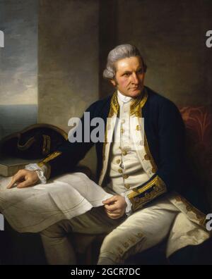 Captain James Cook (1728-1779). Öl auf Leinwand Gemälde von Nathaniel Dance-Holland (1735-1811), c. 1775. James Cook FRS RN (7. November 1728 – 14. Februar 1779) war ein britischer Entdecker, Navigator und Kartograph, der schließlich in den Rang eines Kapitäns in der Royal Navy stieg. Cook war der erste, der Neufundland kartierte, bevor er drei Reisen zum Pazifik unternahm, während derer er den ersten europäischen Kontakt mit der Ostküste Australiens und den Hawaii-Inseln sowie die erste dokumentierte Umrundung Neuseelands erreichte. Cook starb in Hawaii in einem Kampf mit Hawaiianern. Stockfoto